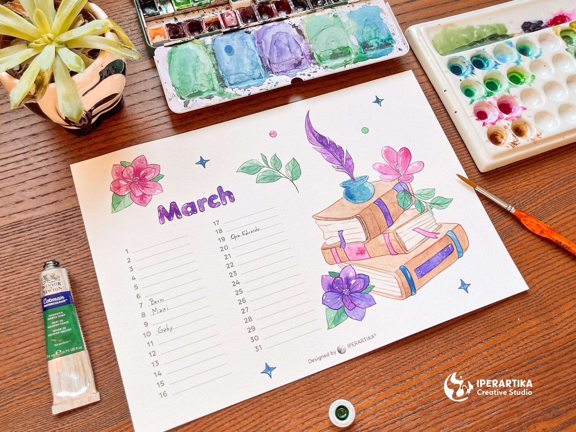 Perpetual Birthday Calendar. Watercolor Templates. Watercolor Calendar. Iperartika
