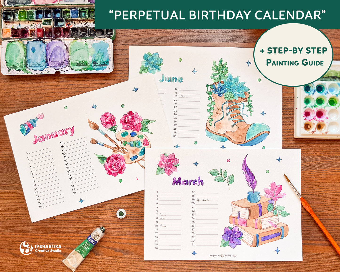 Perpetual Birthday Calendar. Watercolor Templates. Watercolor Calendar. Iperartika