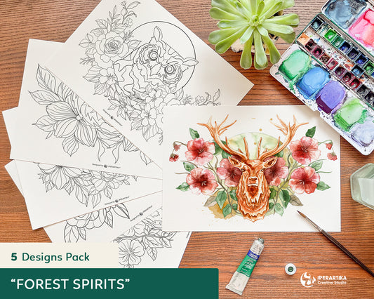 Forest Spirits coloring pages, templates por painting, posters printables pdf, instant download, bear, stag, owl, wolf, squirrel templates for watercolor, Instant download, diy, easy and pretty designs. Perfect for STRESS and ANXIETY RELIEF, ART THERAPY, relaxing and simple designs. IPERARTIKA