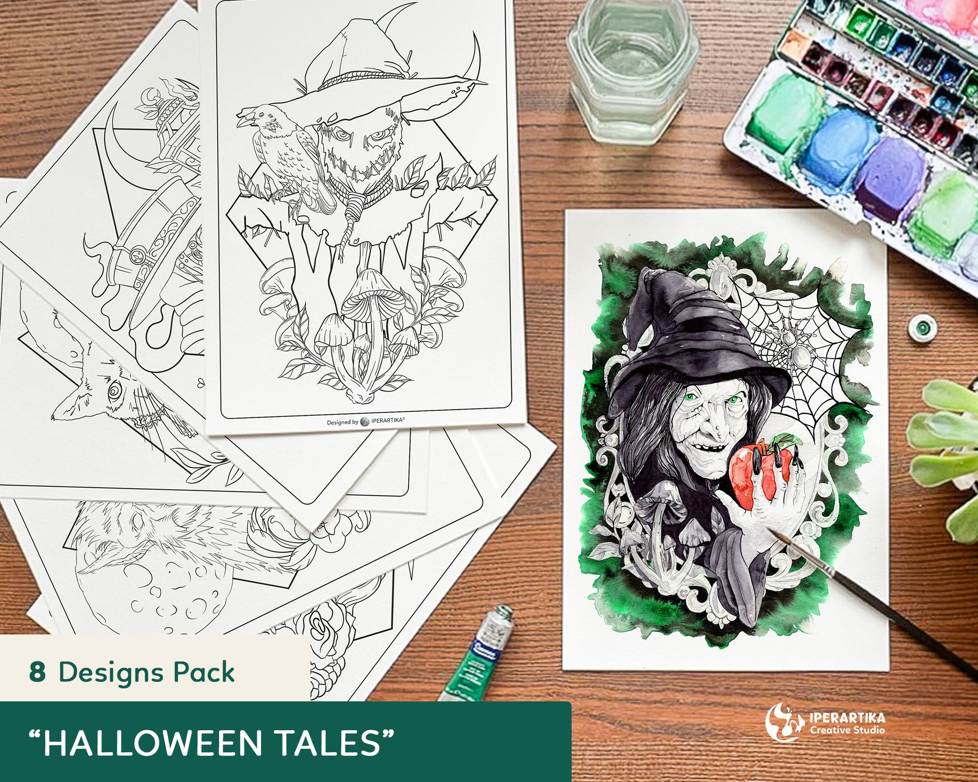 Halloween coloring pages for adults. Witch, werewolf, scarecrow, la catrina, black cat, plague doctor, vampire, grip reaper coloring pages. Halloween art line to color. IPERARTIKA templates for painting