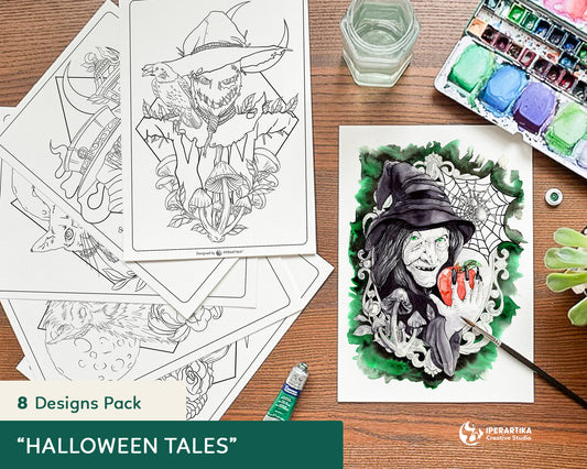 Halloween coloring pages for adults. Witch, werewolf, scarecrow, la catrina, black cat, plague doctor, vampire, grip reaper coloring pages. Halloween art line to color. IPERARTIKA templates for painting