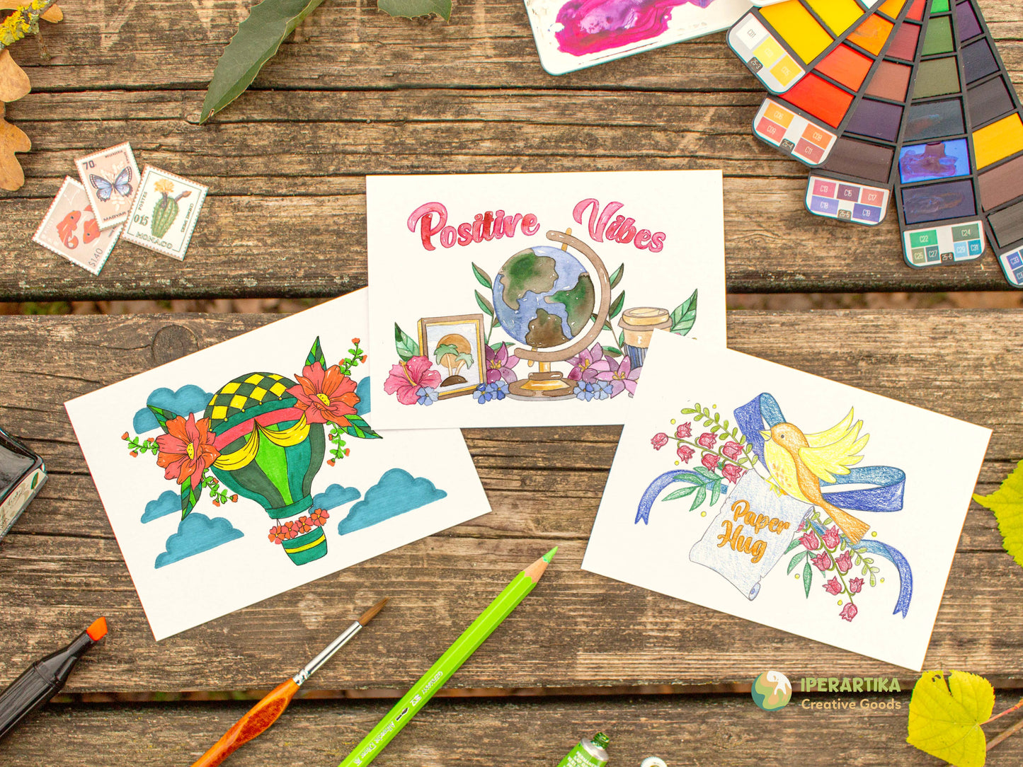 DIY postcards. Craft project for adults. Easy Handmade postcards. Watercolor postcards. MIXED media postcards block. Pre-drawn postcards pad with botanic and lettering designs from IPERARTIKA