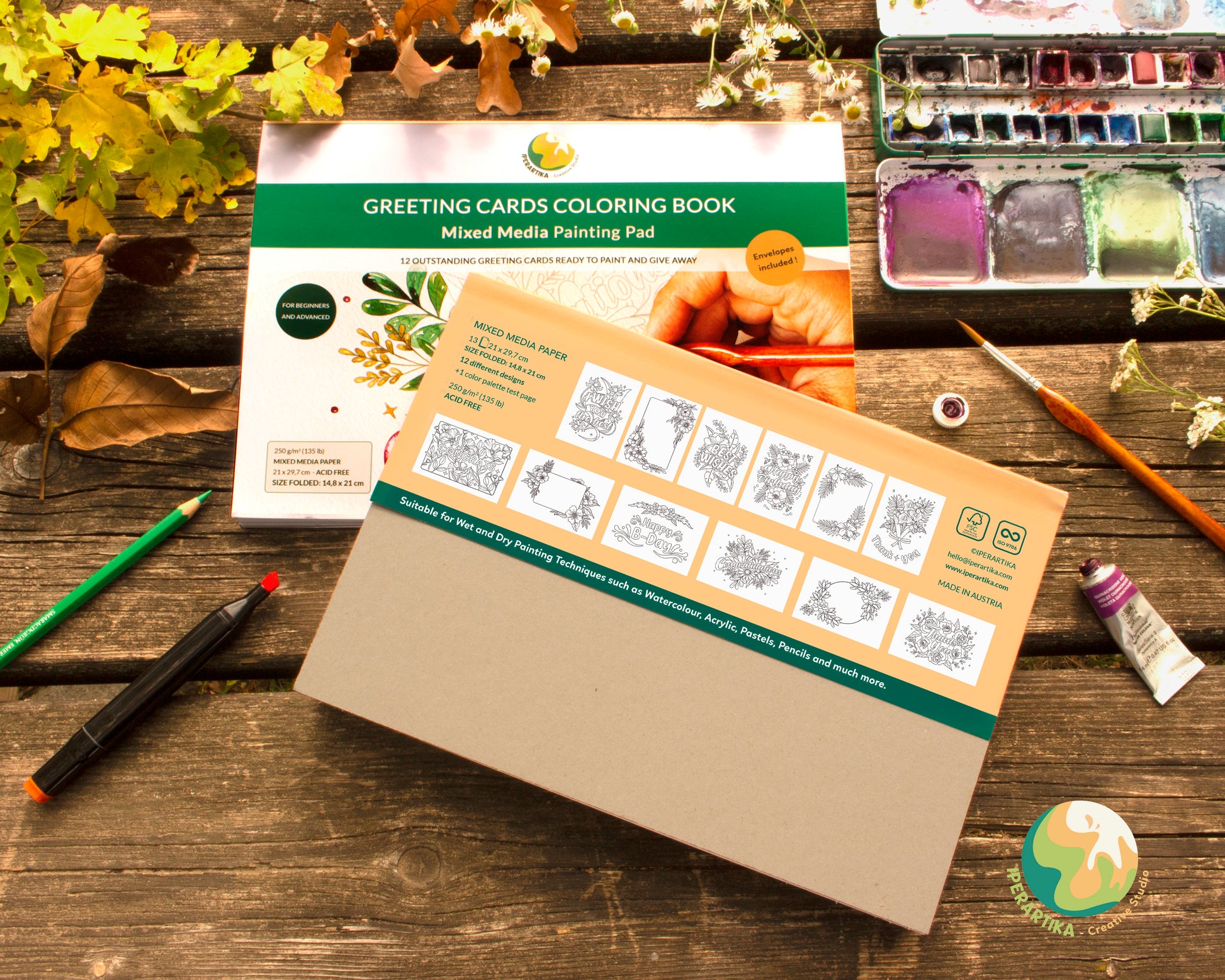 Greeting cards coloring book printed on mixed media paper. Coloring book suitable for wet and dry media. greeting cards set. coloring greeting cards set for adults. botanic greeting cards. watercolor coloring book. watercolor greeting cards set. greeting cards templates coloring book. diy greeting cards. iperartika