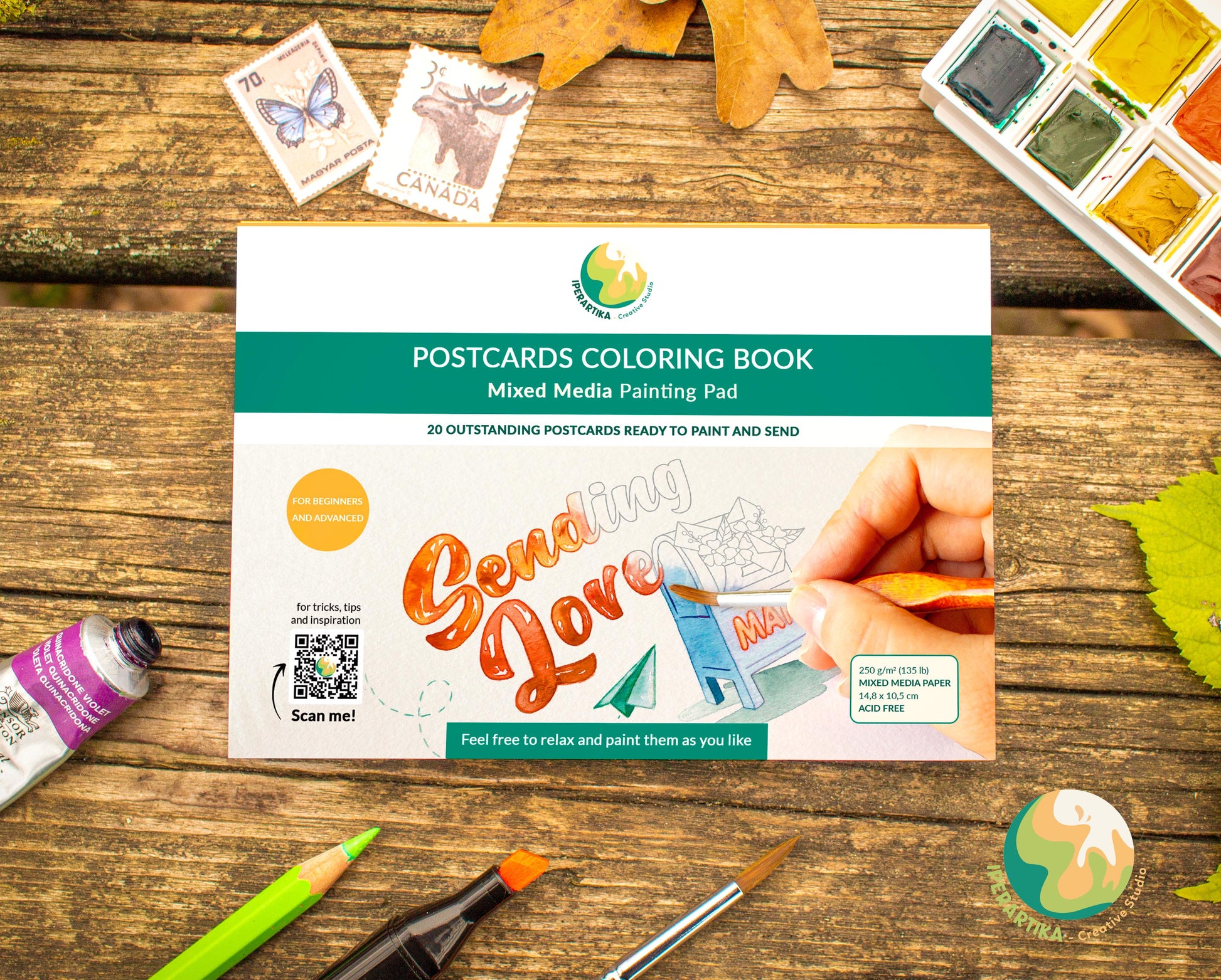 DIY postcards. Craft project for adults. Easy Handmade postcards. Watercolor postcards. MIXED media postcards block. Pre-drawn postcards pad with botanic and lettering designs from IPERARTIKA