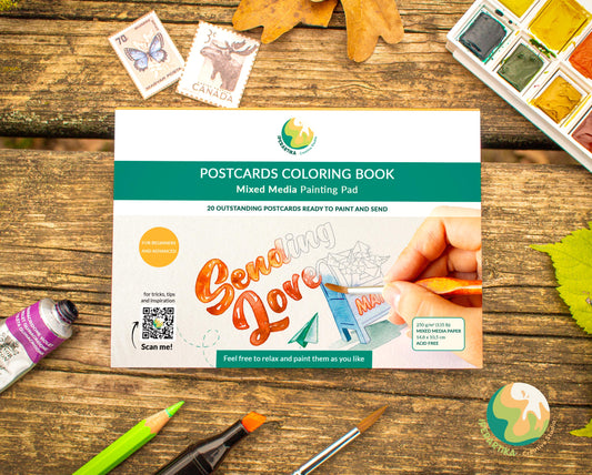 DIY postcards. Craft project for adults. Easy Handmade postcards. Watercolor postcards. MIXED media postcards block. Pre-drawn postcards pad with botanic and lettering designs from IPERARTIKA