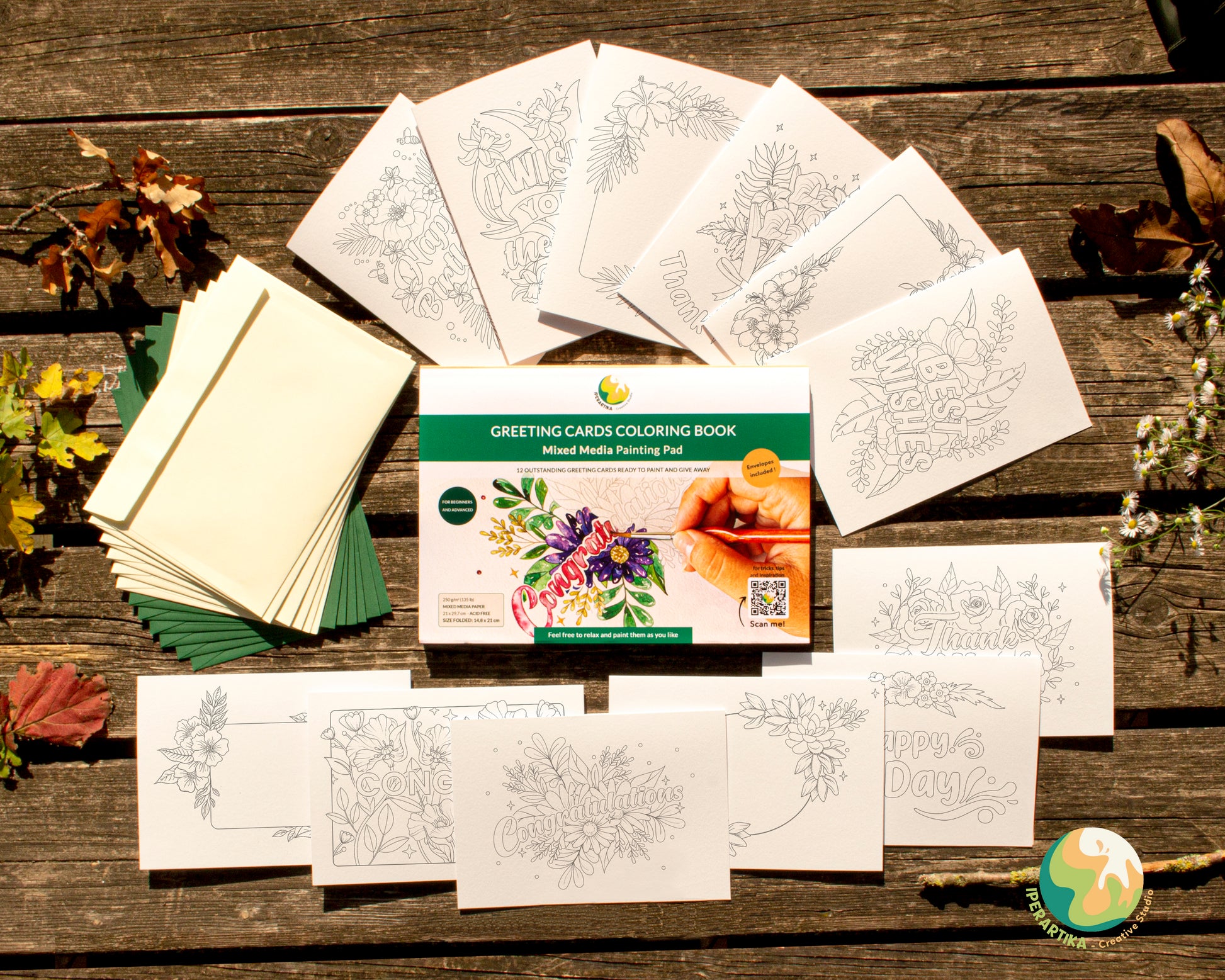 Greeting cards coloring book printed on mixed media paper. Coloring book suitable for wet and dry media. greeting cards set. coloring greeting cards set for adults. botanic greeting cards. watercolor coloring book. watercolor greeting cards set. greeting cards templates coloring book. diy greeting cards. iperartika