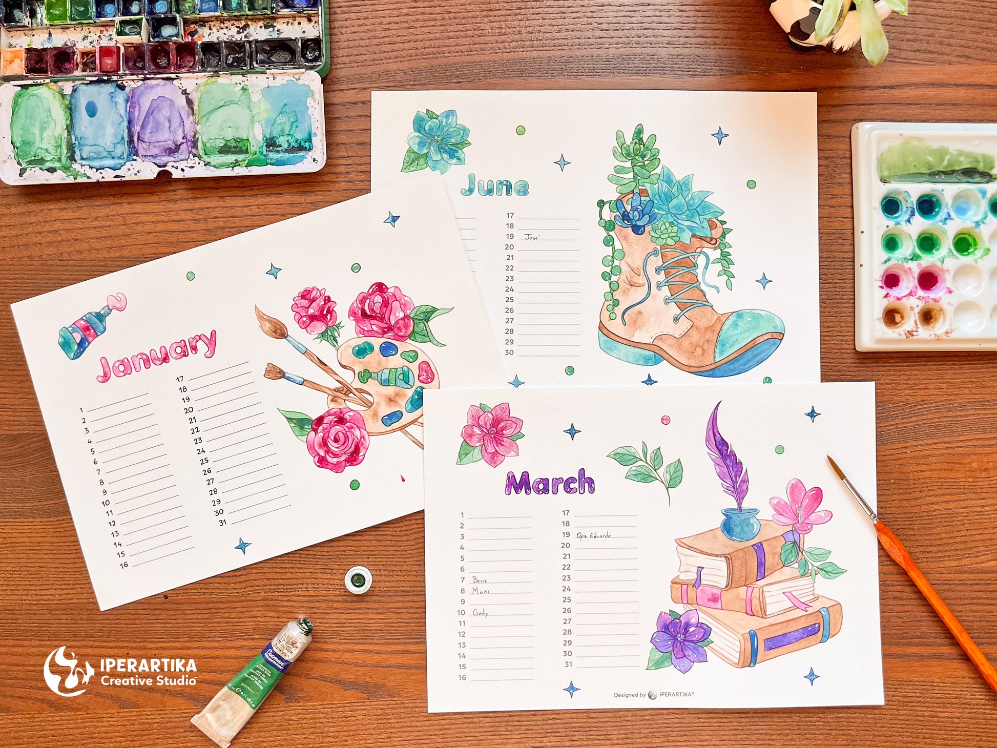 Perpetual Birthday Calendar. Watercolor Templates. Watercolor Calendar. Iperartika