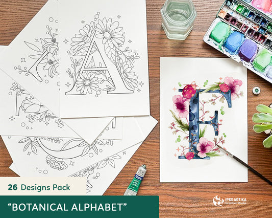 Botanical Alphabet watercolor templates, printable, coloring pages, templates por painting, posters printables pdf, instant download, bear, stag, owl, wolf, squirrel templates for watercolor, Instant download, diy, easy and pretty designs. Perfect for STRESS and ANXIETY RELIEF, ART THERAPY, relaxing and simple designs. IPERARTIKA