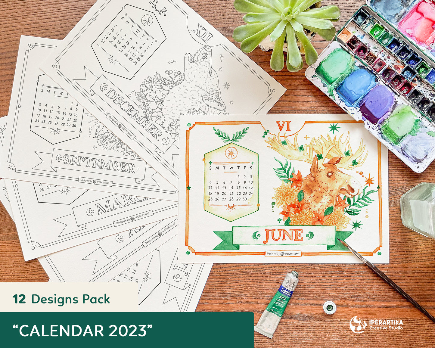 2023 Coloring CALENDAR Printable. PDF A4 and LETTER. Diy Calendar 2023 to print and color or painting. Enchanted Forest Wall Calendar 2023_ Iperartika templates_IPERARTIKA