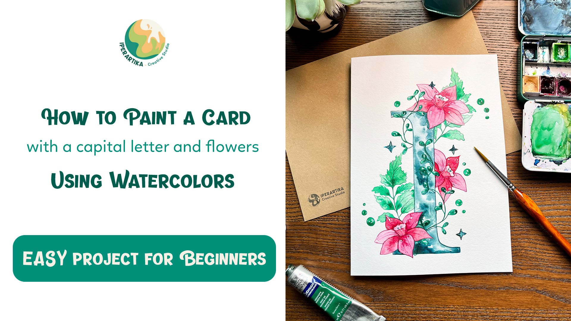 Load video: How to Paint a Card with a Capital Letter and Flowers with Watercolors_Watercolor tutorial for beginners