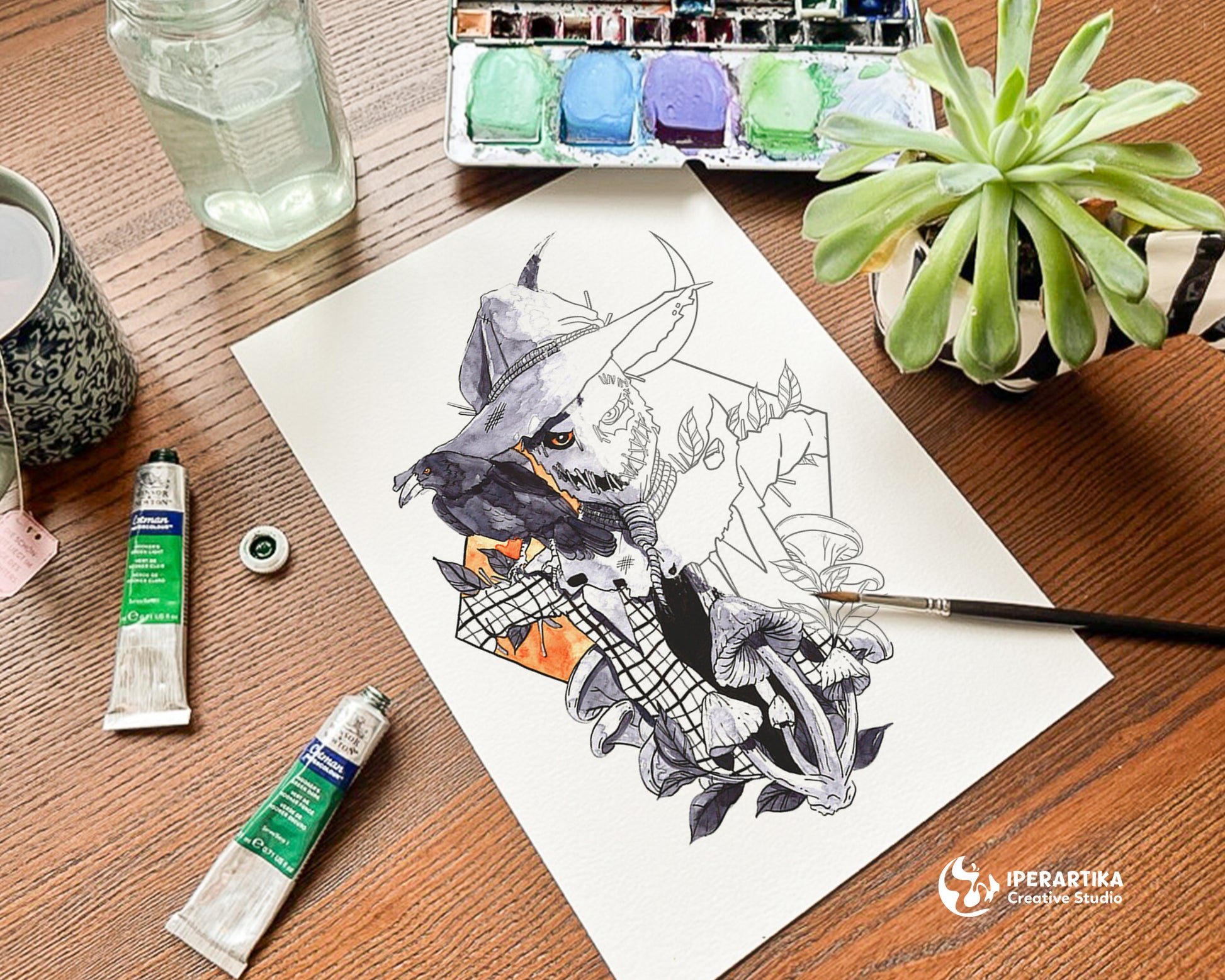 Halloween coloring pages for adults. Witch, werewolf, scarecrow, la catrina, black cat, plague doctor, vampire, grip reaper coloring pages. Halloween art line to color. IPERARTIKA templates for painting