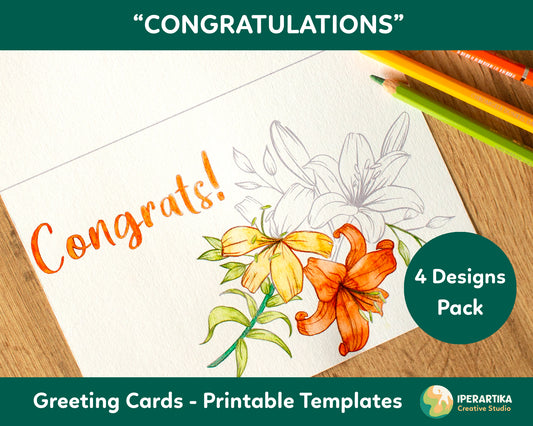 Congratulations greeting card. Beautiful and funny online COLORING GREETING CARD, POSTER and COLORING PAGES PRINTABLES for kids, toddlers and adults. Instant download, diy, easy and pretty designs. Perfect for STRESS and ANXIETY RELIEF, ART THERAPY, relaxing and simple designs. IPERARTIKA